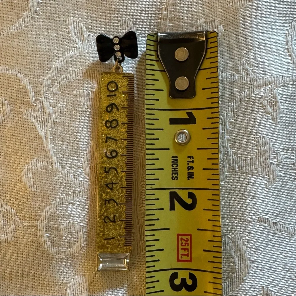 Betsey Johnson Gold Glitter Rulers with Black Bows Earrings